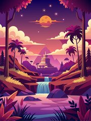 Obraz premium Nighttime Landscape with Waterfall, Temple, and Palm Trees