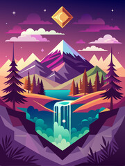 Geometric Mountain Landscape with Waterfall and Diamond
