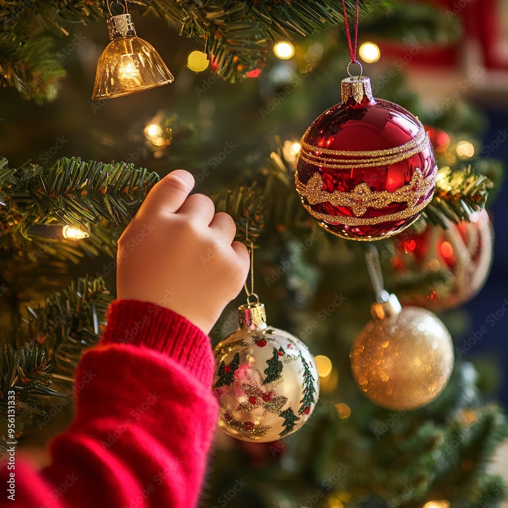 Poster A child's hand reaches for a Christmas ornament on a decorated Christmas tree.