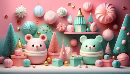 Naklejka premium Kawaii Christmas Cute and colorful Christmas scenes with adorable, oversized holiday characters, pastel colors, and playful settings.