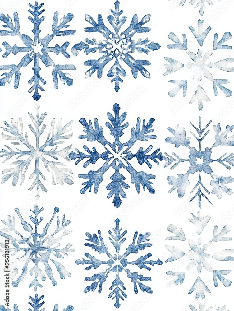 Poster various abstract snowflakes in shades of blue are artistically arranged against a white background, 