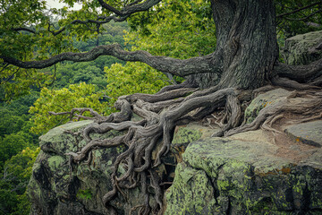 Nature's Grip: A gnarled tree clings to a rocky outcrop, its roots intertwining with the earth, a testament to resilience and growth.