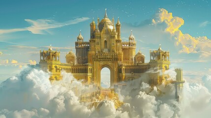 A majestic golden castle emerges from the clouds, with an arched entrance leading to a mysterious destination. © sablengjago