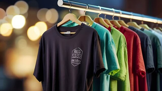 Several colorful screen-printed t-shirts hang on the iron rack. Seamless 4K looping timelapse video animation background