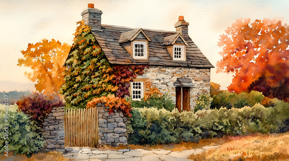 Poster Watercolor Illustration of a Charming Stone Cottage in Autumn