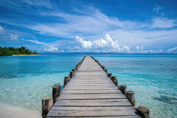 Fototapeta premium A long wooden pier stretches out into the turquoise waters of a tropical paradise, promising a journey into the unknown.