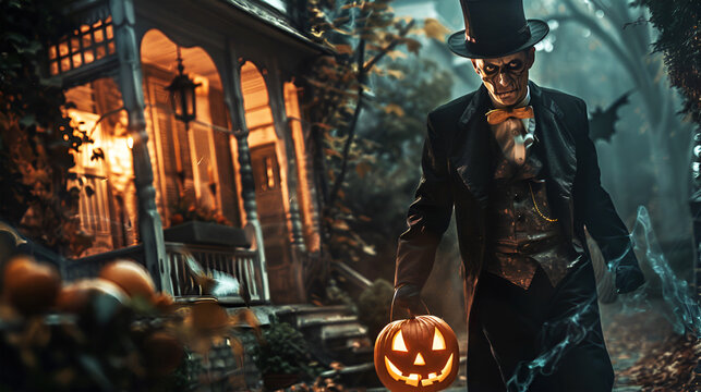 Halloween haunted house with a spooky butler for a spooky and fun night adventure. Horror ghost house with halloween joker