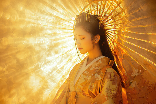 Amaterasu, the Sun Goddess, Bathed in Golden Light, Embodies Divine Radiance and Serenity.