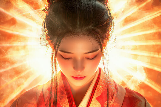 Amaterasu, the Sun Goddess, Radiates Divine Light, Embracing the World with Warmth and Serenity.