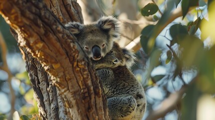 Maternal koala resting her young on her back atop a tree