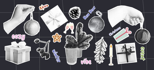 Festive Winter Halftone Collage with Holiday Elements