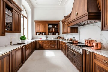 A luxurious palace kitchen featuring copper pots, wooden cabinets, and marble countertops, exuding old-world charm and sophistication