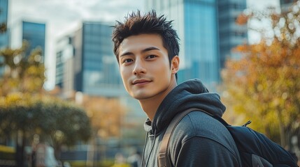 Fototapeta premium 24. A young handsome Japanese man with spiky hair, wearing a casual hoodie and jeans, standing in an urban park with skyscrapers in the background, his expression relaxed and confident