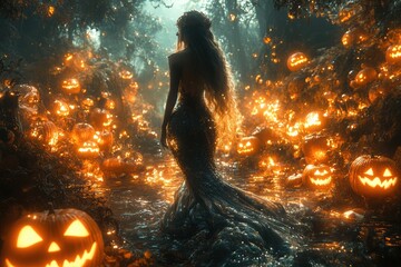 Naklejka premium A mystical mermaid with flowing hair walks through a Halloween-themed forest filled with glowing jack-o'-lanterns, creating an enchanting and eerie atmosphere.
