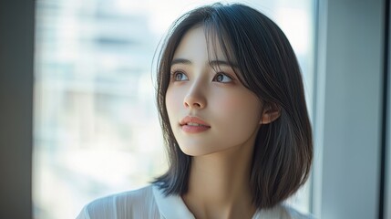 3. Close-up of a young Japanese woman with shoulder-length straight hair, wearing a casual white blouse, looking thoughtfully out of a window, with soft natural light illuminating her face