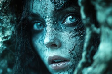 A close-up shot of a mystical woman's piercing blue eyes, partially obscured by ethereal web-like material, creating an enigmatic and haunting atmosphere.