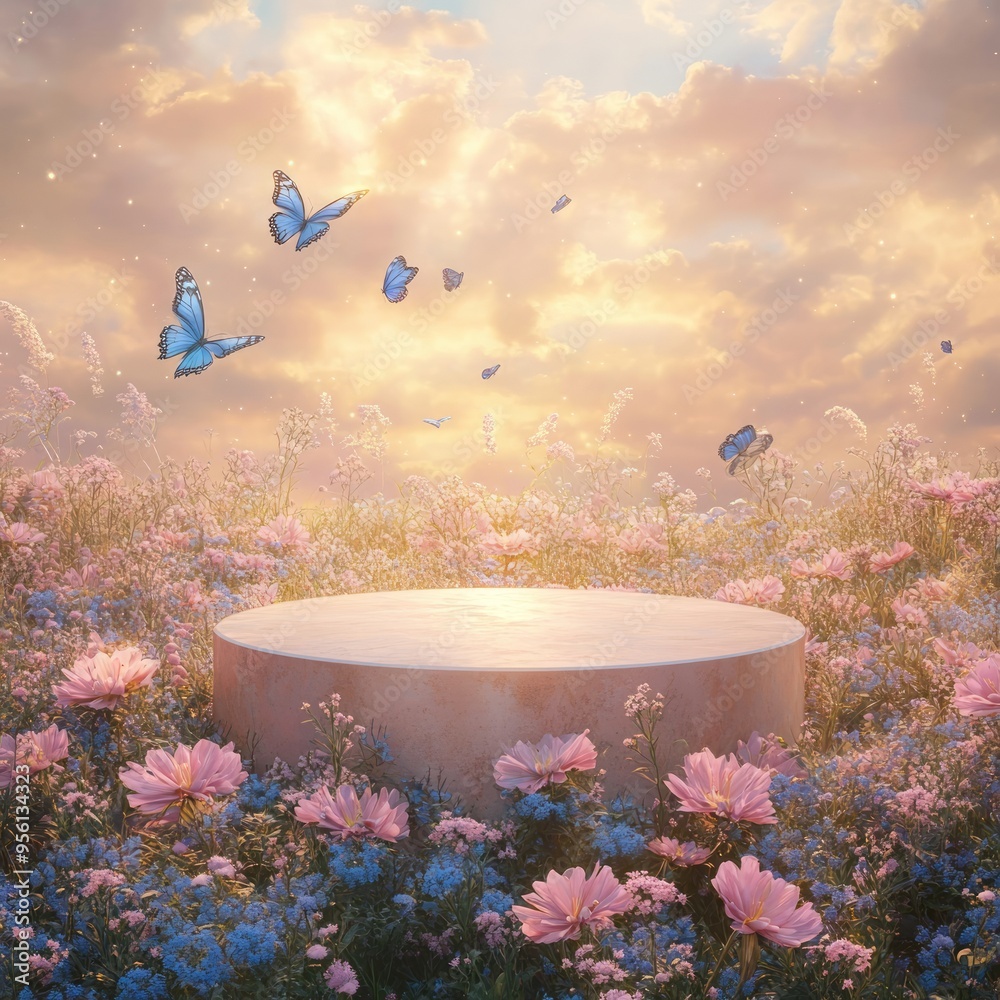 Wall mural A circular podium in a field of flowers with butterflies flying in the sky.