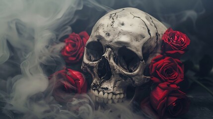 Medieval skull adorned with lovely red roses and smoke