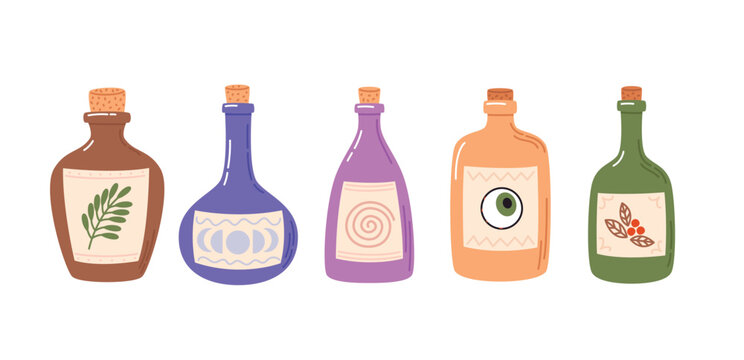 Magic potions set. Witchcraft bottles flat vector illustrations collection