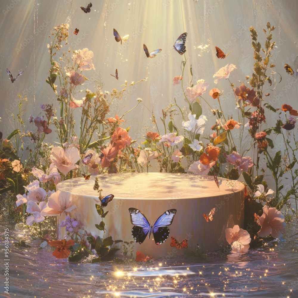 Poster A circular podium surrounded by a field of flowers and butterflies, with a sparkling water surface in the foreground.