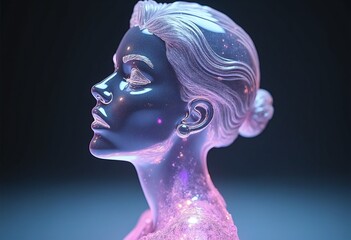 A crystal bust on a crystal lady that is entirely made out of prismatic crystal