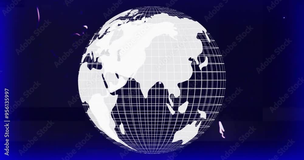 Poster rotating globe with grid lines animation over dark blue background