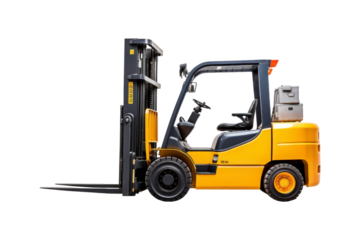 Yellow forklift with black forks and a seat. Suitable for industrial, construction, warehouse, logistics, and transportation themes