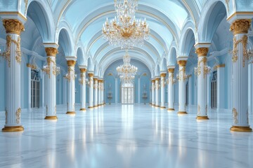 Fototapeta premium A grand palace ballroom featuring crystal chandeliers, polished marble floors