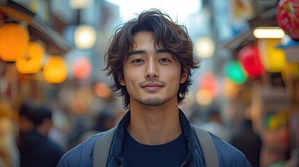 Naklejka premium 44. Portrait of a young Japanese man with medium-length hair, wearing a stylish modern outfit, standing in a bustling market street with colorful lanterns and busy shops, his expression confident and