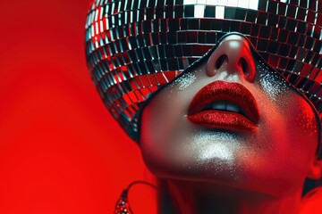 Abstract collage. Concept Disco girl with a head of disco ball and red lips
