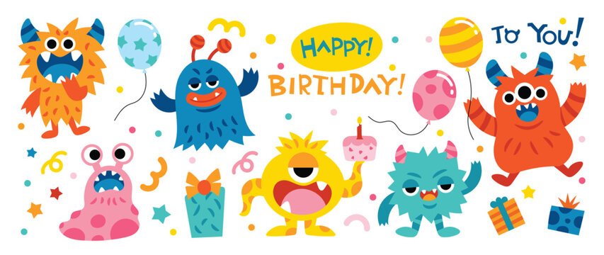 Happy Birthday concept monster party vector set. Collection of cute cartoon monster in different playful characters. Funny alien, demon and creature flat vector design for comic, education, kids.