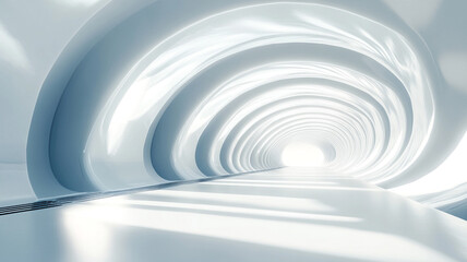 Obraz premium Abstract illustration of a futuristic, curved tunnel with illuminated path leading to light