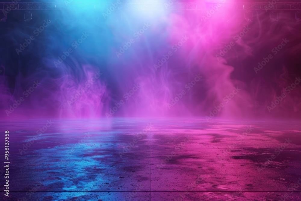 Wall mural empty background scene. texture dark concentrate floor with mist or fog. spectrum light color.