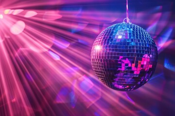 Disco ball with bright rays on party background photo