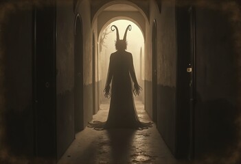 Naklejka premium An aged worn sepia monochrome 1800s photograph of a nightmarish translucent demon standing at the end of a long hallway