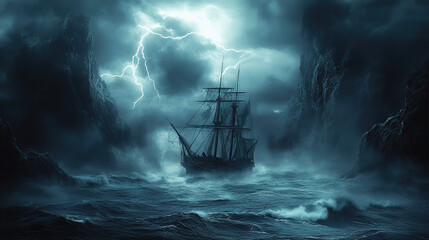 A ship in the middle of a stormy sea under a storm and lightning