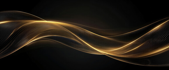 Abstract golden light wave flowing on black background. High quality photo