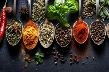 Assorted Spices and Herbs on Silver Spoons with Black Background