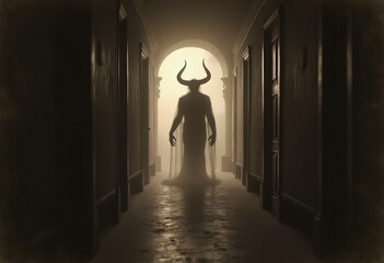 An aged worn sepia monochrome 1800s photograph of a nightmarish translucent demon standing at the end of a long hallway