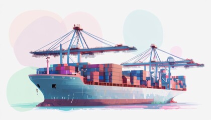 The image depicts a large cargo container ship docked at a busy port, with cranes actively loading and unloading containers, representing the bustling activity of international trade and shipping.