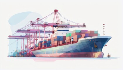 The image depicts a large cargo container ship docked at a busy port, with cranes actively loading and unloading containers, representing the bustling activity of international trade and shipping.