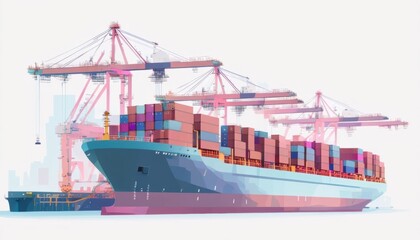 The image depicts a large cargo container ship docked at a busy port, with cranes actively loading and unloading containers, representing the bustling activity of international trade and shipping.