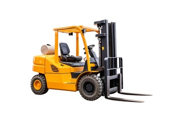 Yellow forklift with black forks and a seat. Suitable for industrial, construction, warehouse, logistics, and transportation themes