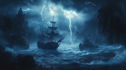 Obraz premium A ship in the middle of a stormy sea under a storm and lightning