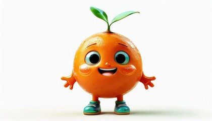 A cheerful and happy orange mascot with a leaf-shaped head.