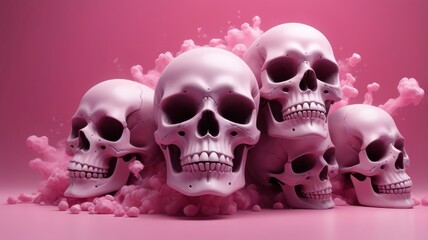 Smoky skulls on an abstract pink background.