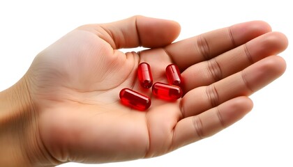 Medical health, hand holding red medicinal pills and tablets isolated on a white background for copy space