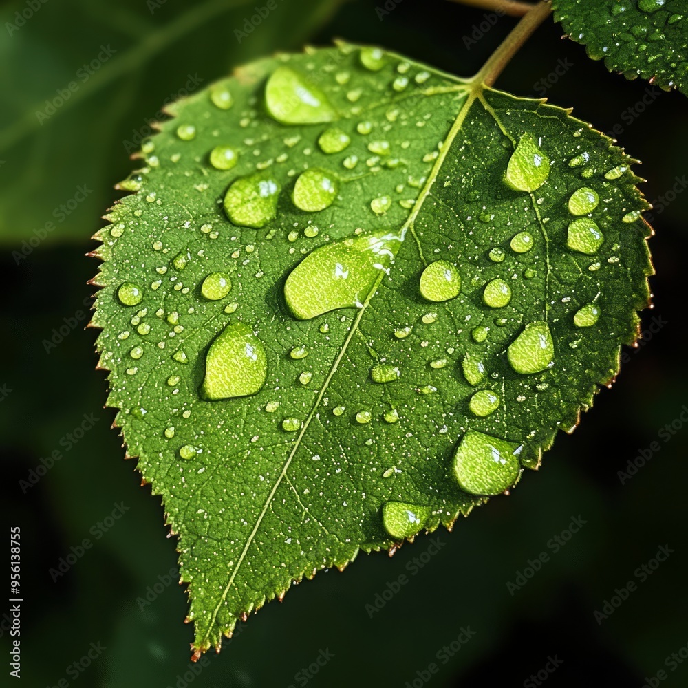 Wall mural A close-up of a green leaf with water droplets.