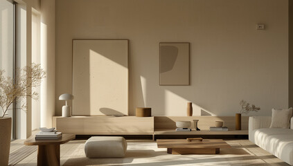 a minimalist living room with neutral tones and simple, modern decor