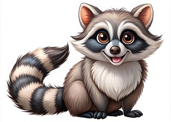 Fototapeta premium A cartoon raccoon with a mischievous glint in its eye and a bushy tail, poised on a stark white canvas.